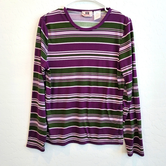 Faded Glory Purple & Green Striped Long Sleeves Pullover Top Women's Size Large - Picture 1 of 10